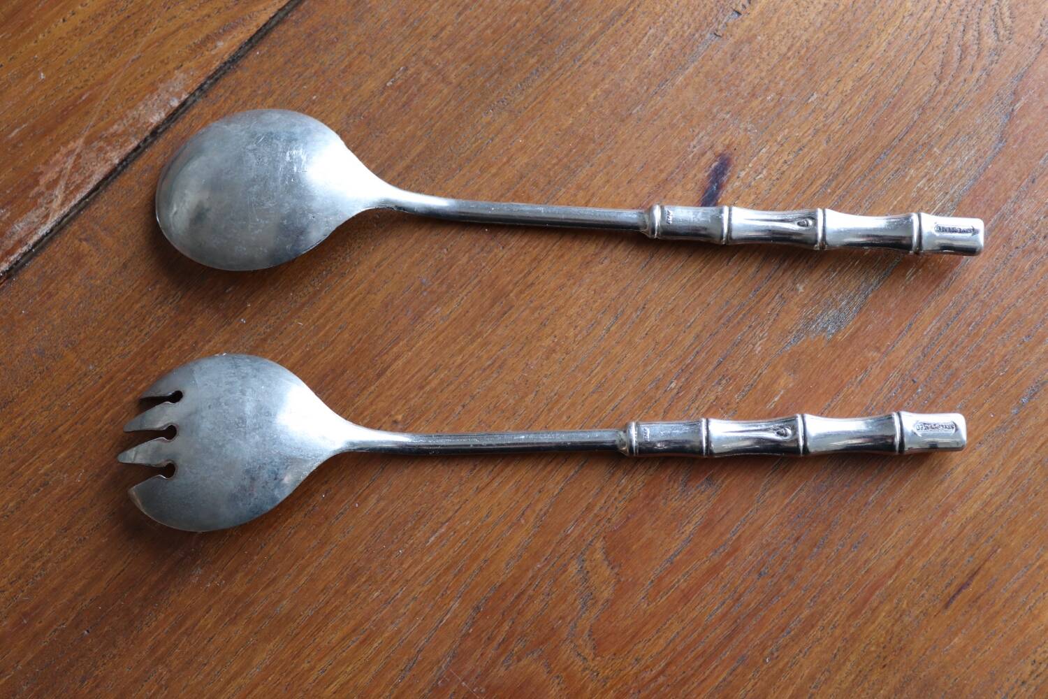 Silver salad servers, bamboo shape, vintage 1960