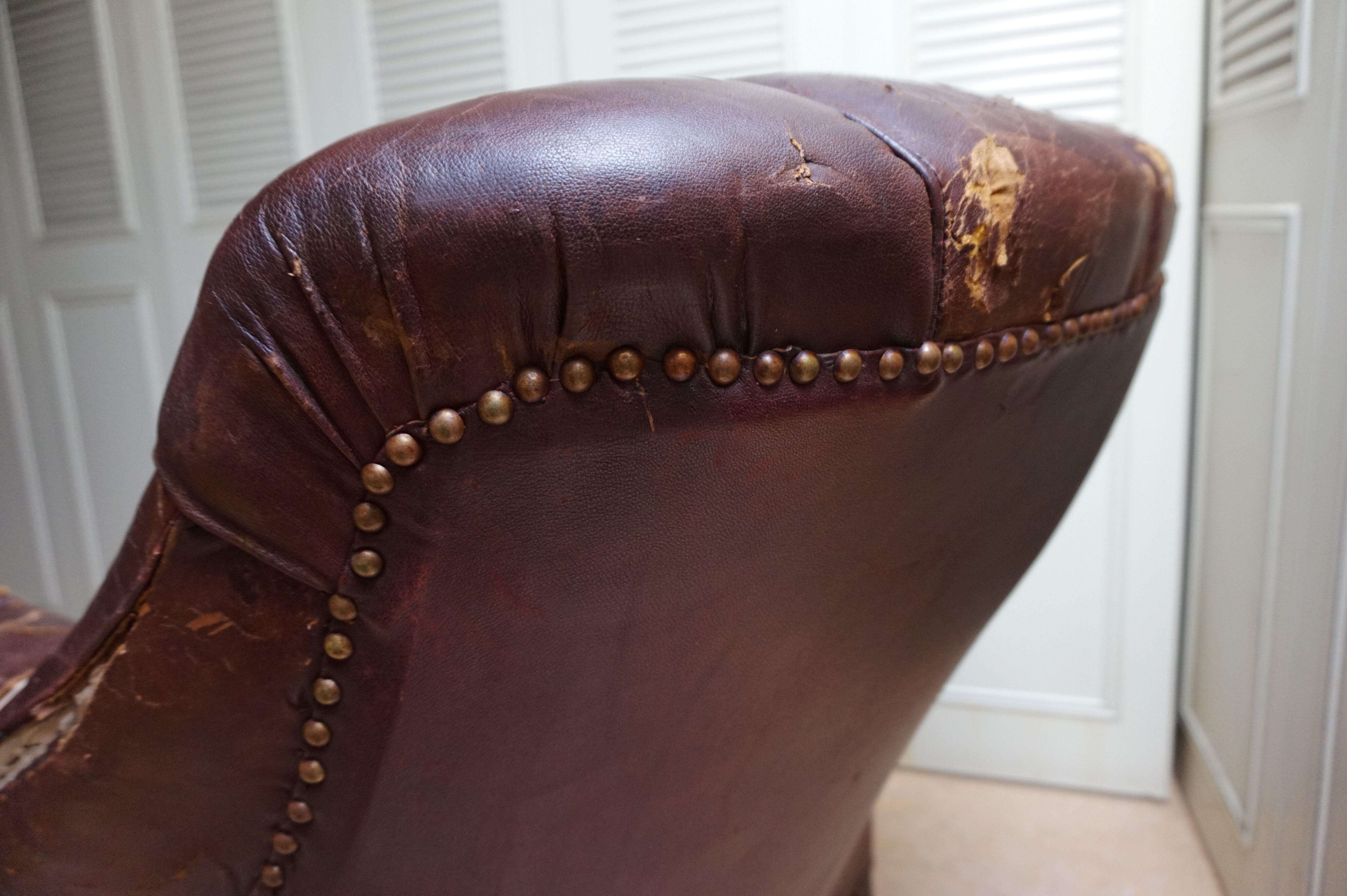 Worn Leather Buttoned Library Fireside Armchair, 1840's