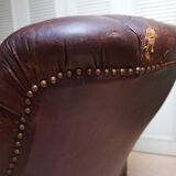 Worn Leather Buttoned Library Fireside Armchair, 1840's