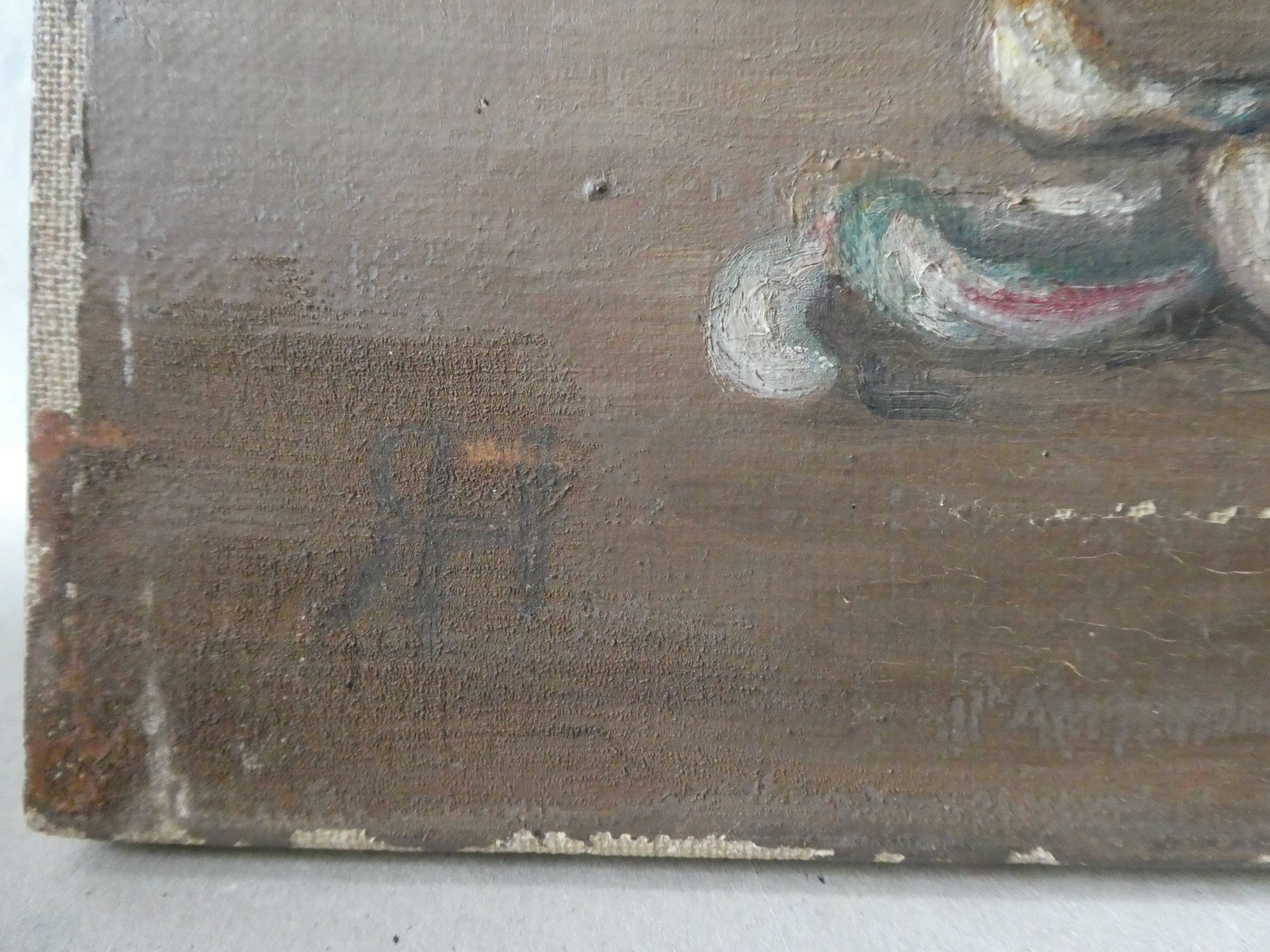 Table, oil on canvas, bouquet of flowers, signed