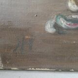 Table, oil on canvas, bouquet of flowers, signed