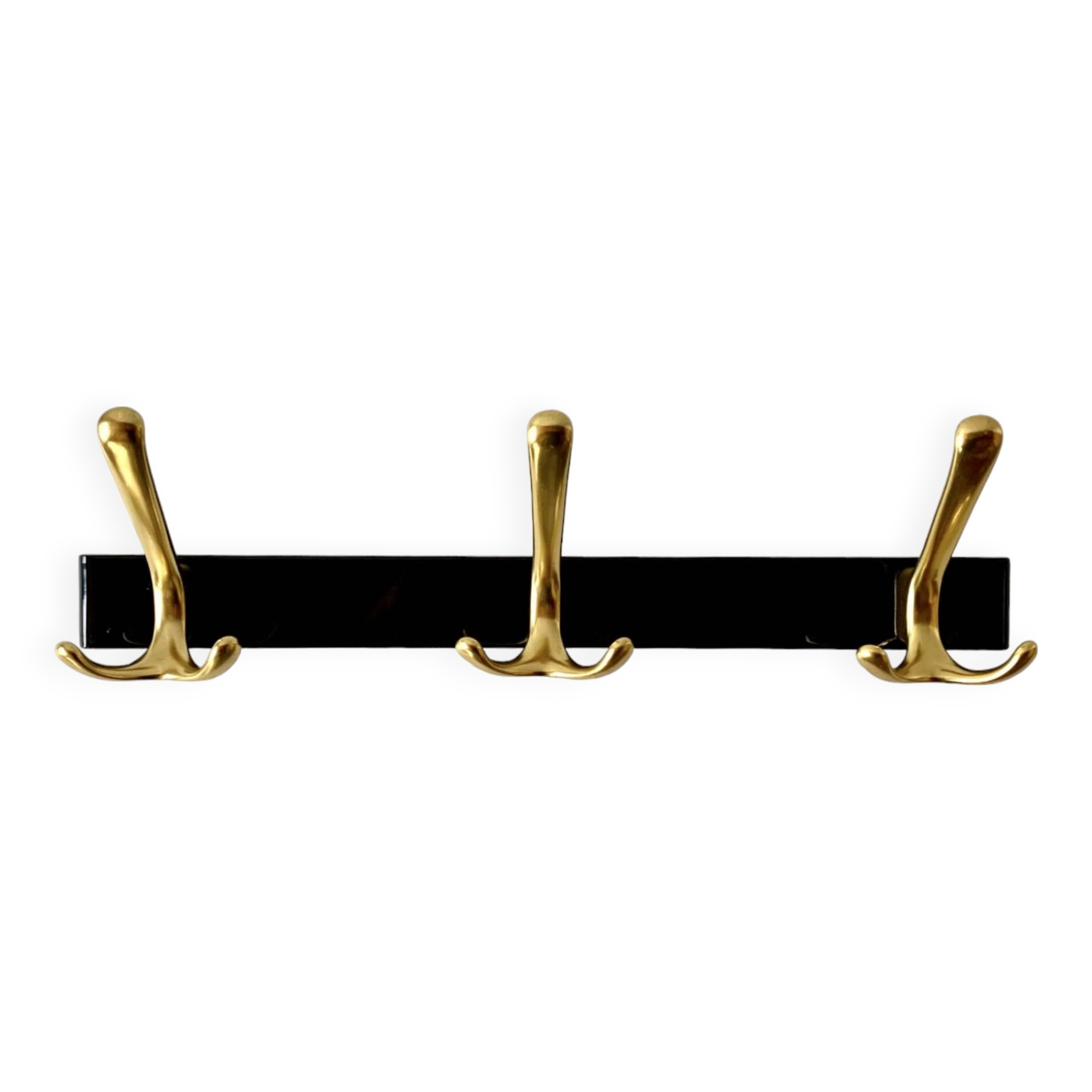 Vintage coat rack in lacquered metal with three golden aluminum hooks