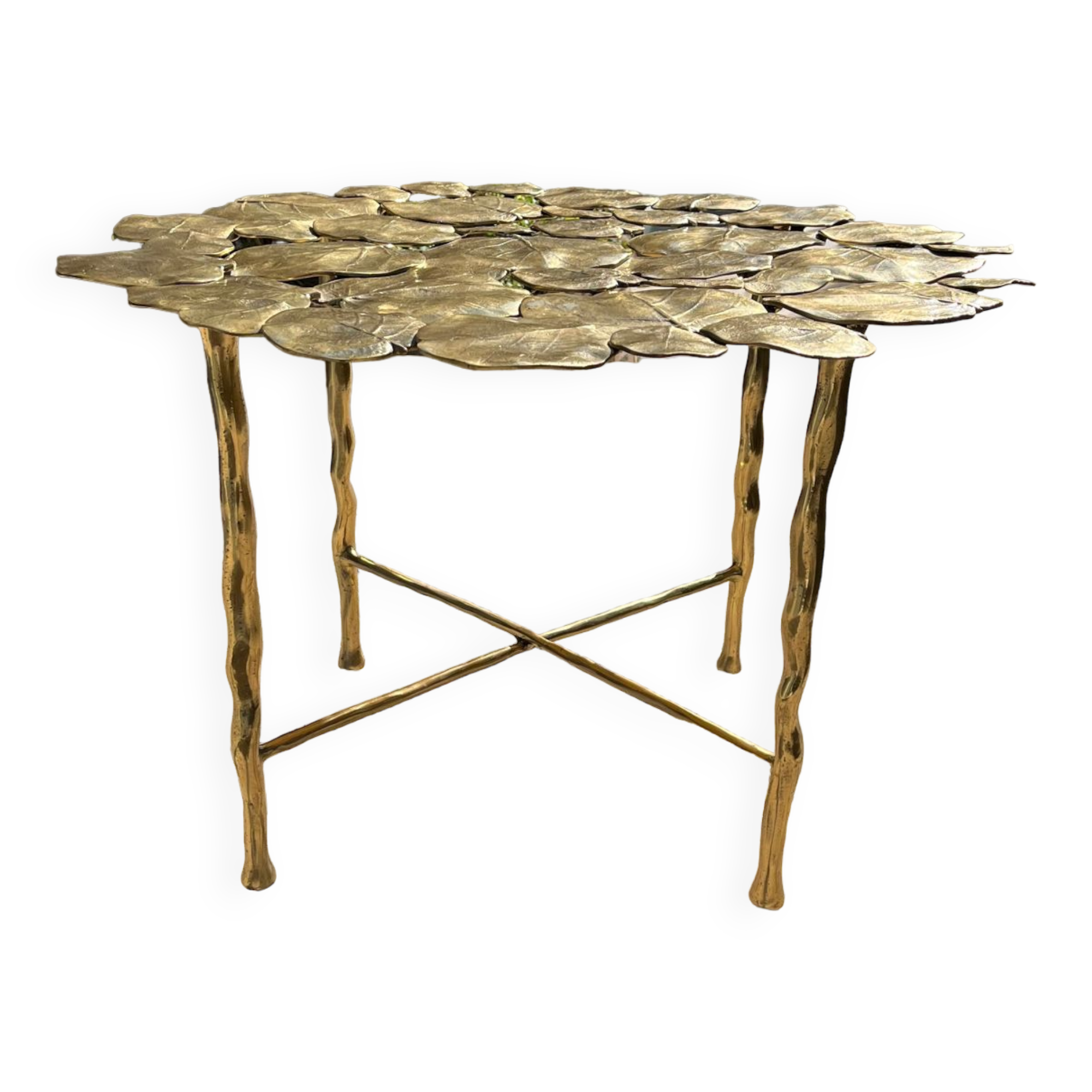 Carved brass coffee table with ginkgo decor