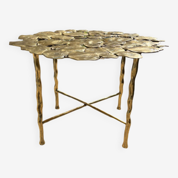 Carved brass coffee table with ginkgo decor