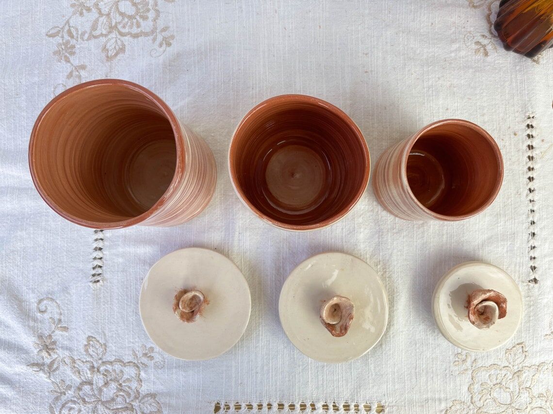 Set of 3 artisanal ceramic boxes signed Oupi Kiri vintage 50s