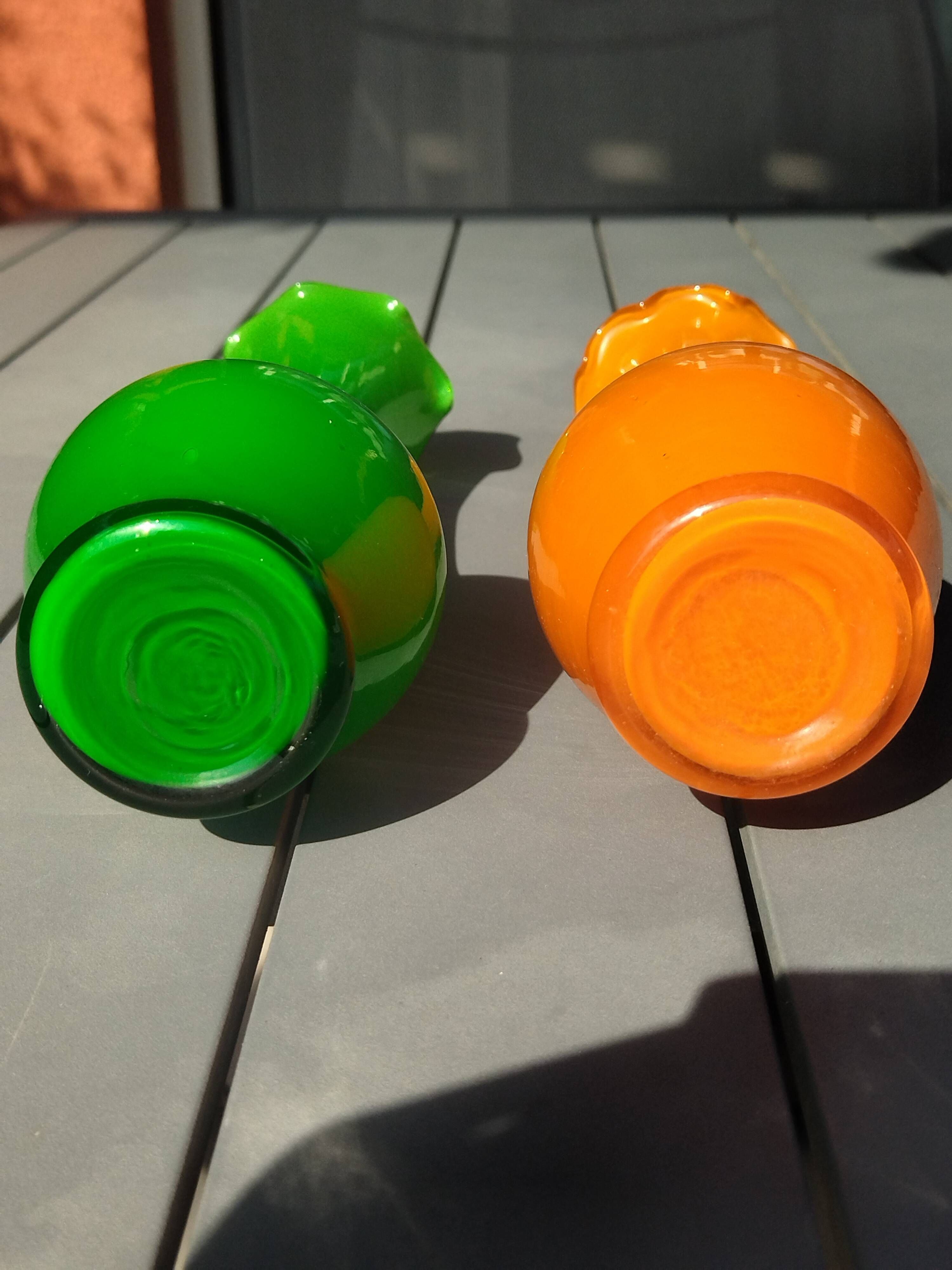 Pair of Vintage 70s Pop Art Opaline Vases – Green & Fluorescent Orange 20cm