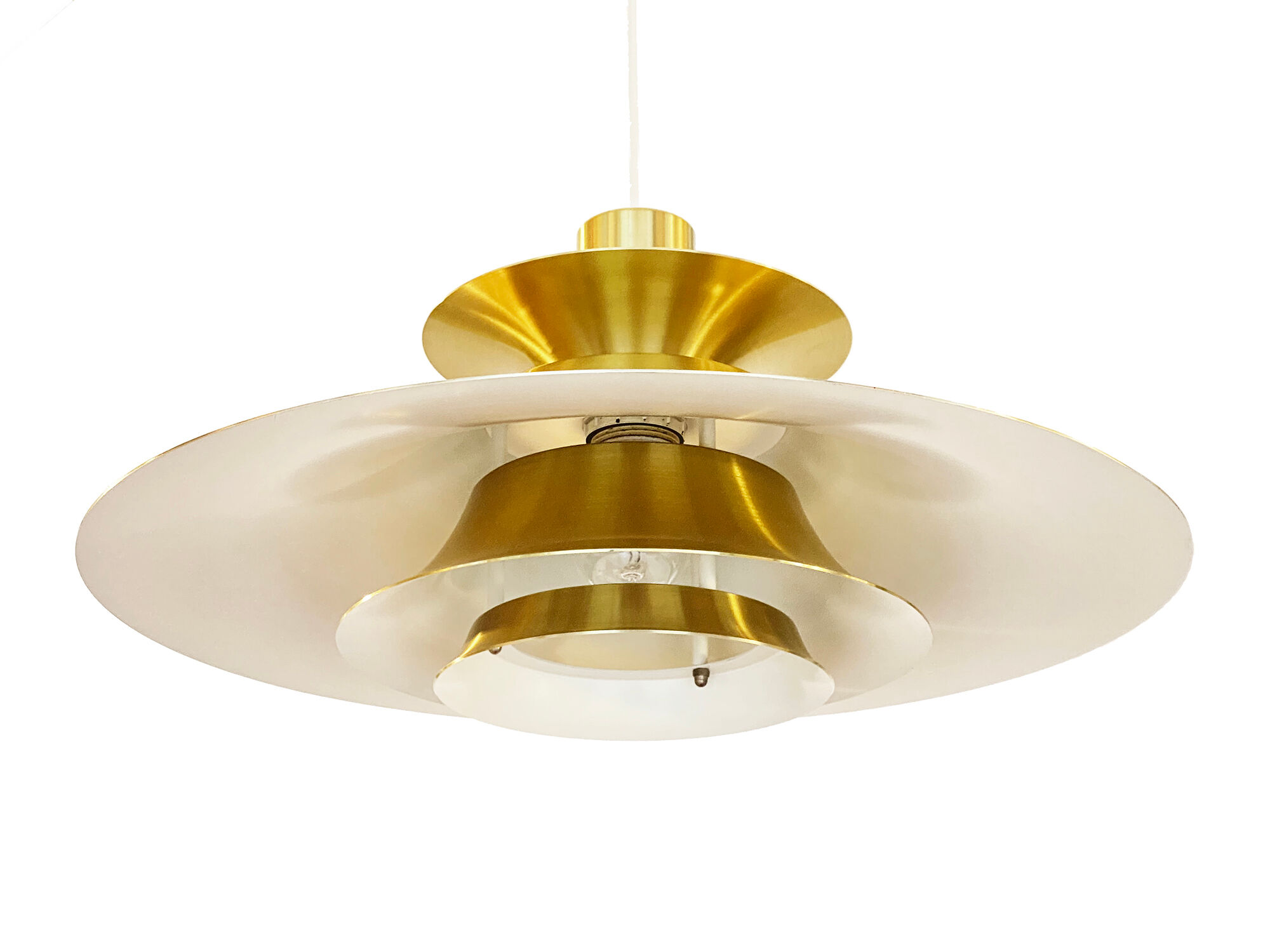Golden colored aluminum pendant light from Frandsen Lighting. Denmark 1970s