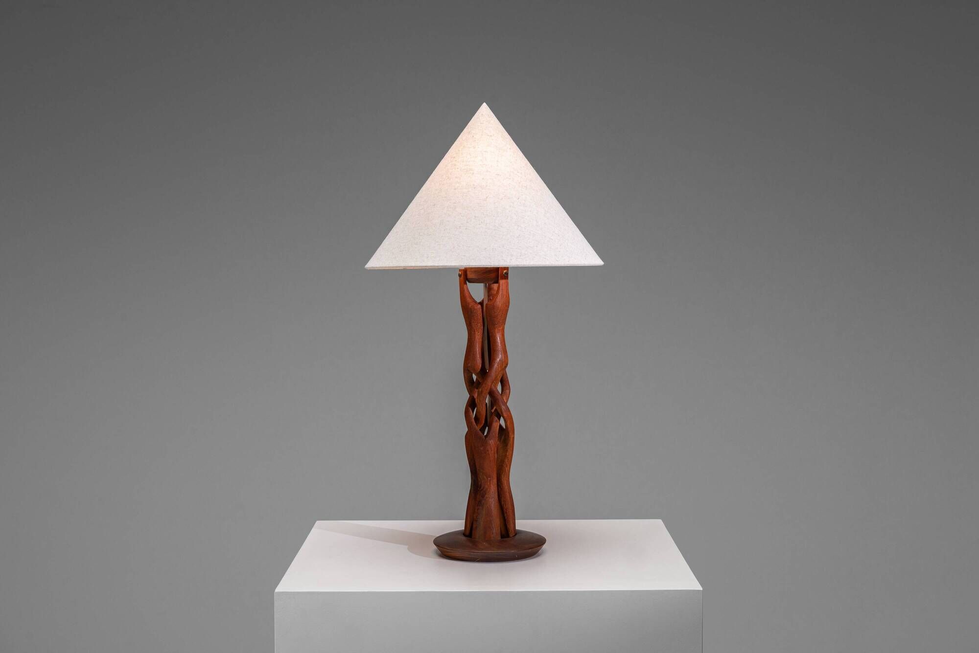 Organic form sculptural teak table lamp