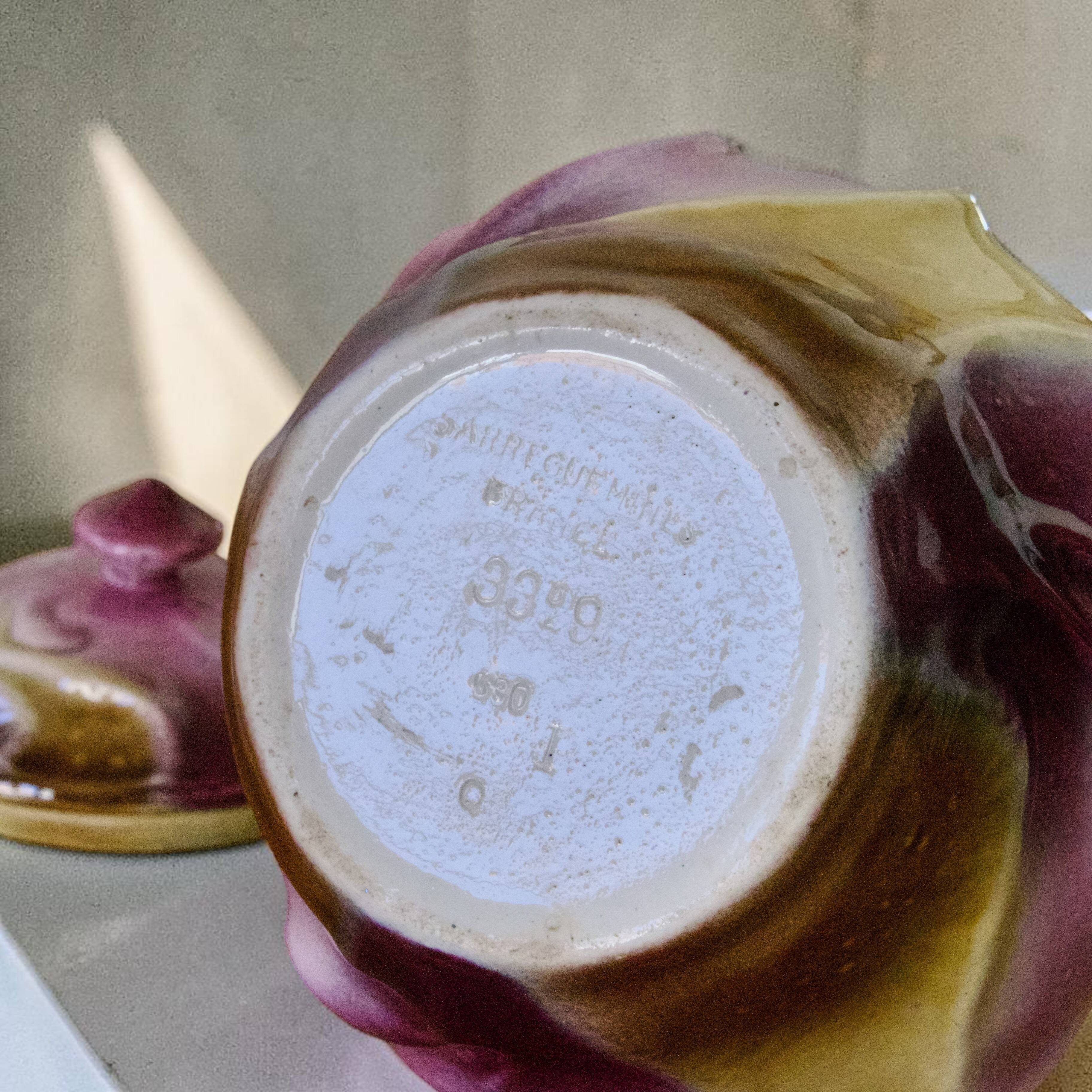 Antique tobacco pot from the Art Nouveau period signed Sarreguemines, in majolica.