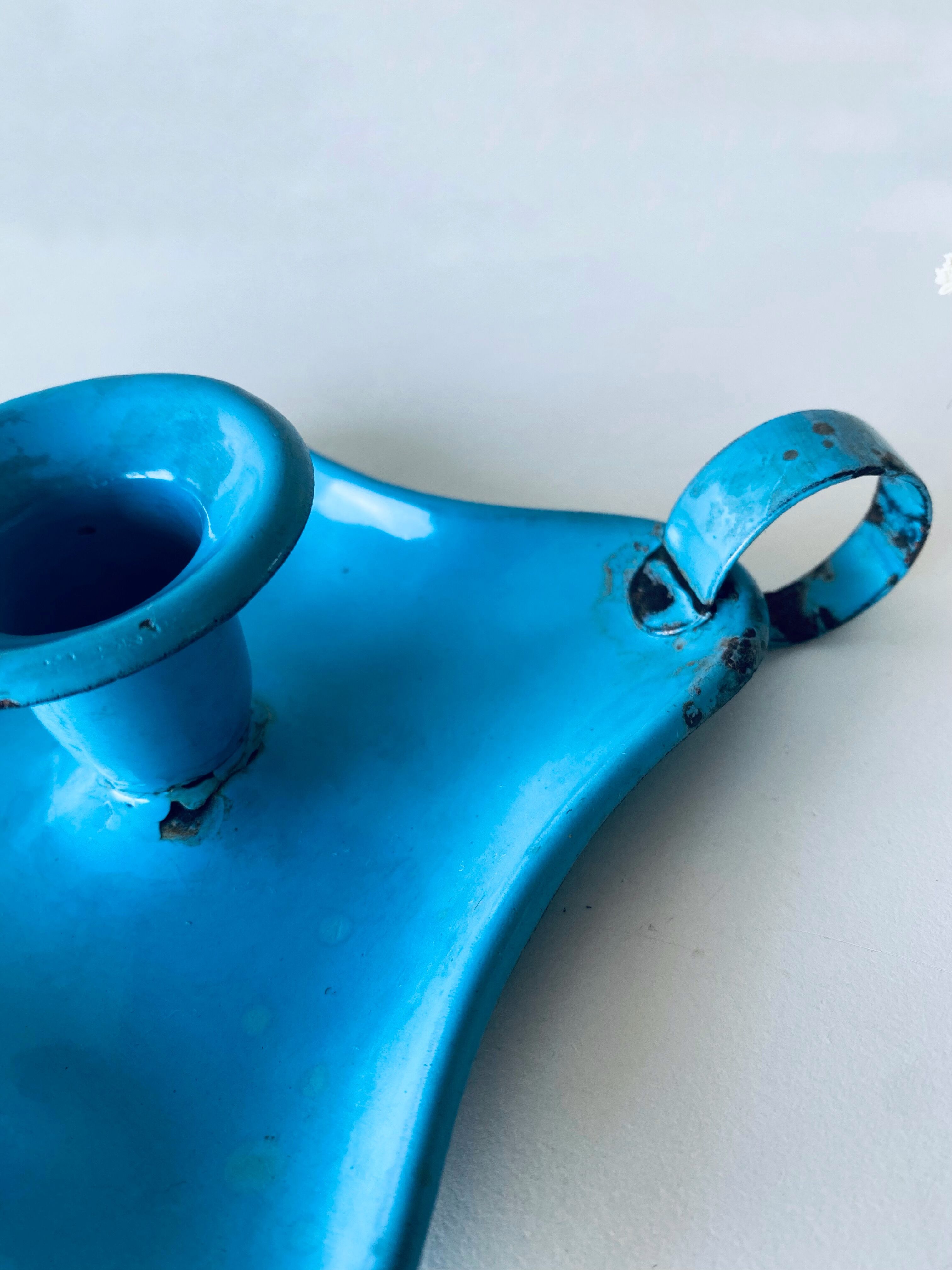 Old sky blue enamelled candle holder