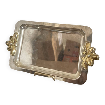 Ancien Plat Plateau Service Métal Argenté Art déco Anse Noeux Doré