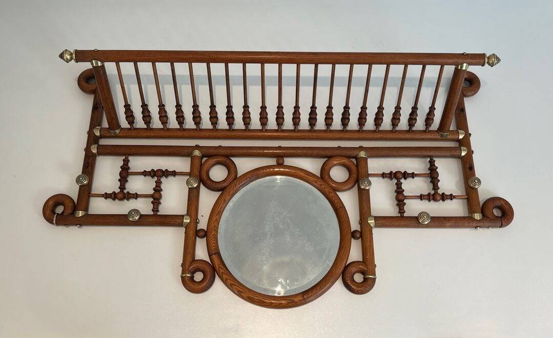 Curved Wooden and Brass Wall Coat Rack, Arts & Crafts, Austria, glass