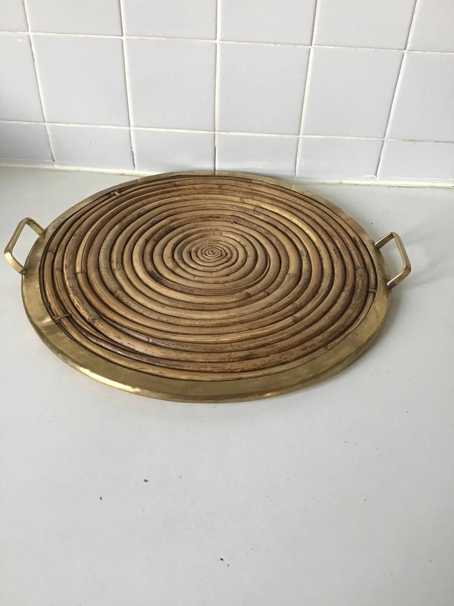 Round vintage bamboo and brass tray in the spirit of Gabrielle Crespia.