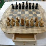 Olive wood chess games, handmade chess board with rough edge storage drawer