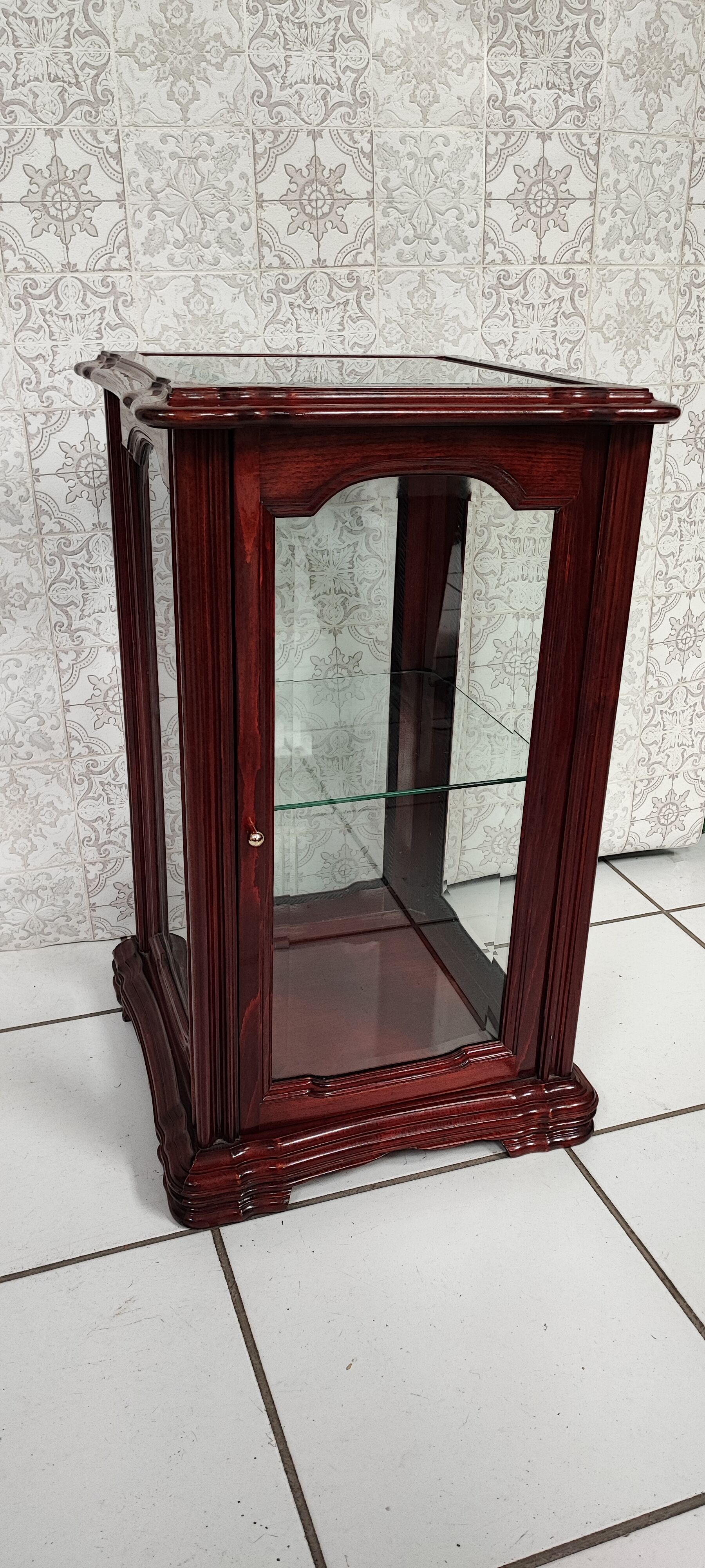 Showcase low glass beveled exotic wood