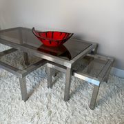 Table basse acier brossé design années 70 et gigognes