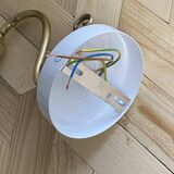 Pair of brass swan neck wall lights with white opaline glass tulip
