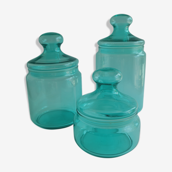 Lot de 3 pots à couvercles en verre bleu