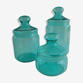 Set of 3 jars with blue glass lids