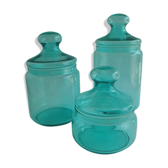 Lot de 3 pots à couvercles en verre bleu