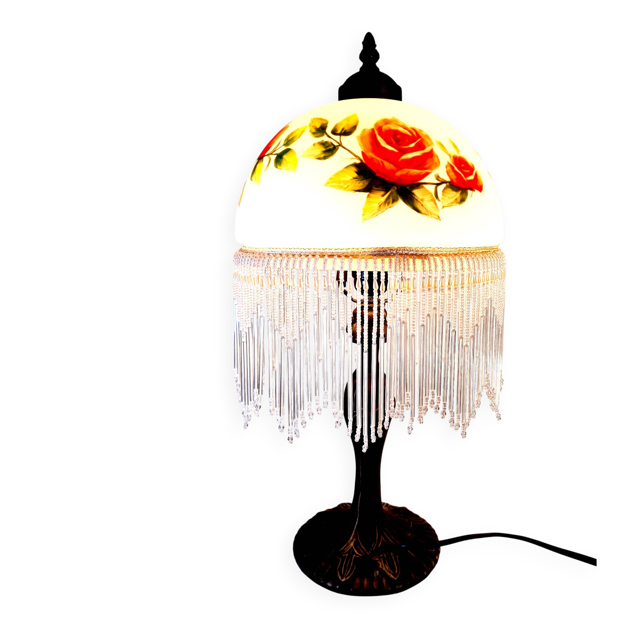 Vintage Tiffany-style fringed lamp with floral globe