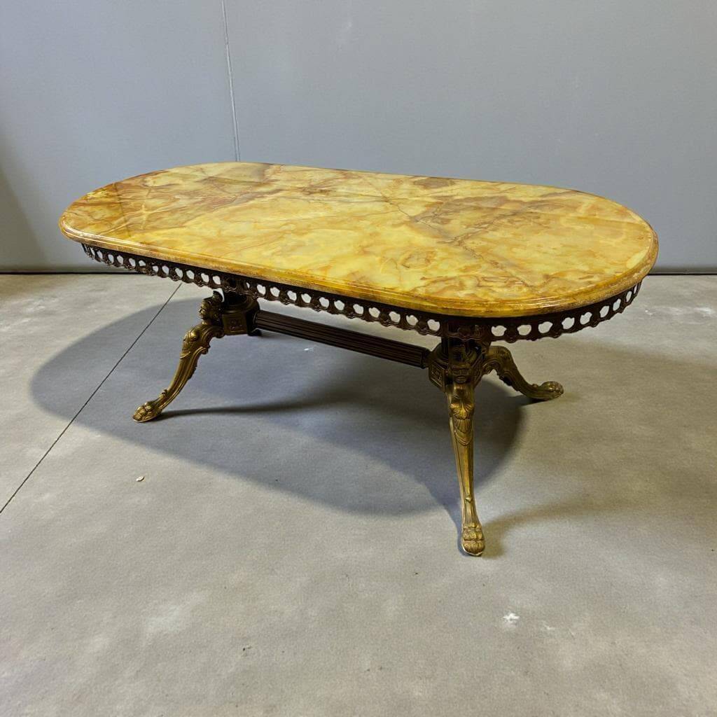 Vintage onyx coffee table with brass frame.