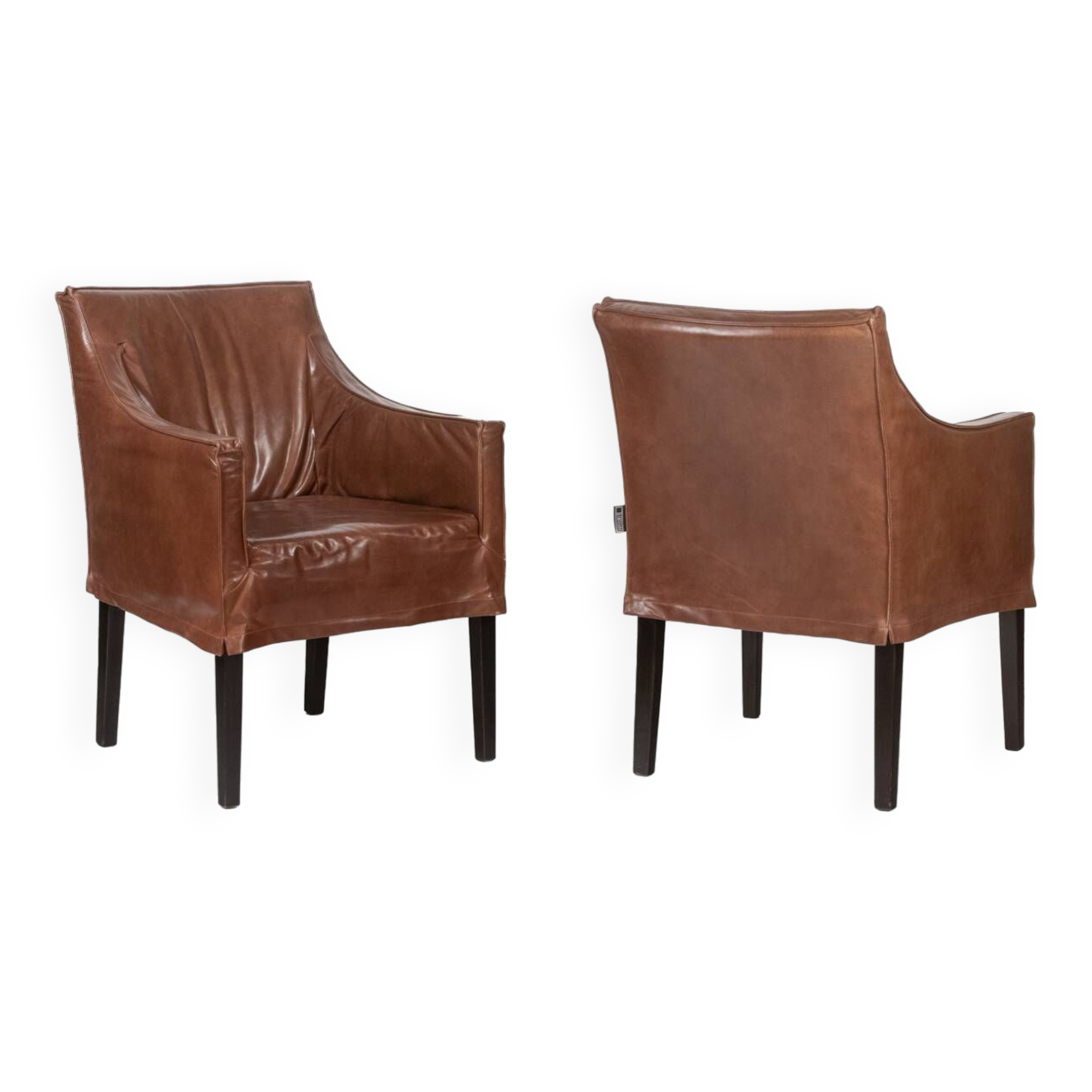 Lintello. Pair of camel leather armchairs. 1970s.