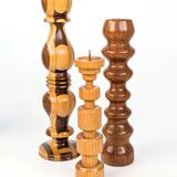 Set of 3 vintage candlesticks | Turned wood | Midcentury