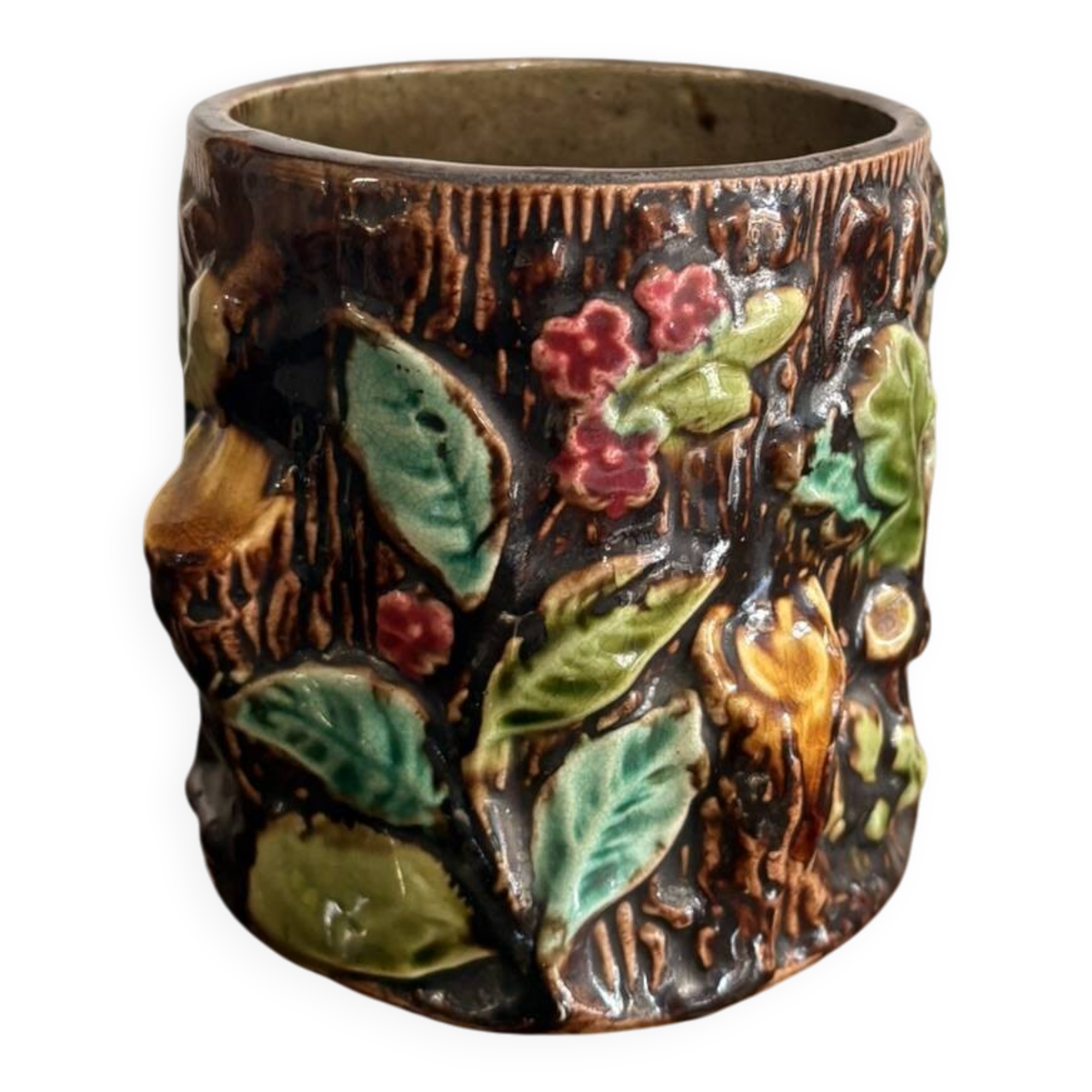 Ancien Pot Vase Porte Pinceaux Barbotine Tronc Feuilles Baies Naturaliste