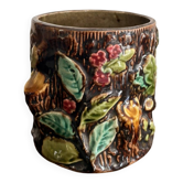Old Pot Vase Brush Holder Barbotine Trunk Leaves Berries Naturalistic