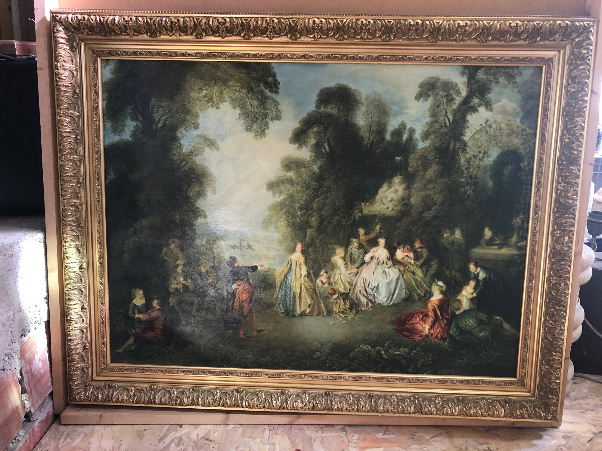 Old painting print on canvas + frame carved wood Gilded Vintage #2
