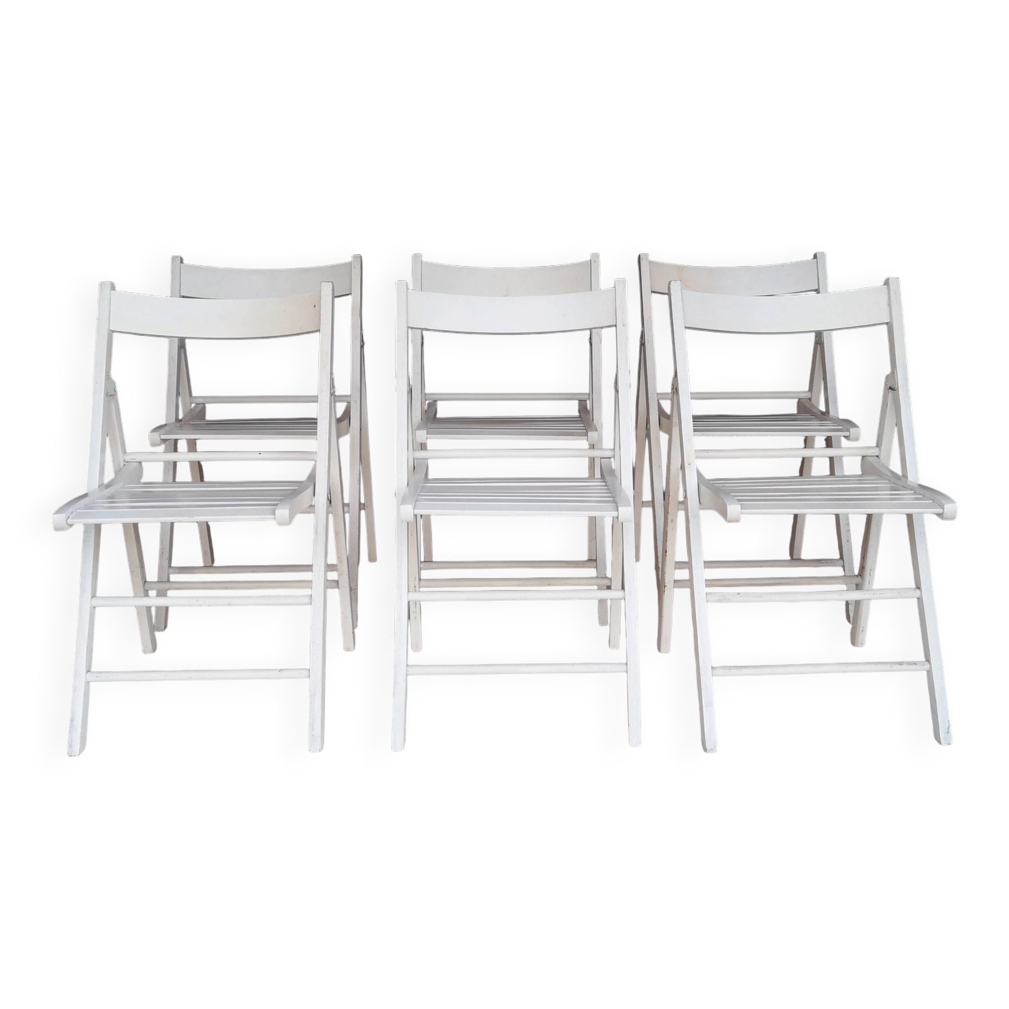 Set of 6 White Wooden Folding Chairs Vintage Scandinavian Style 1980s