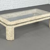 Table basse rectangulaire en marqueterie de pierre et verre, 1980s