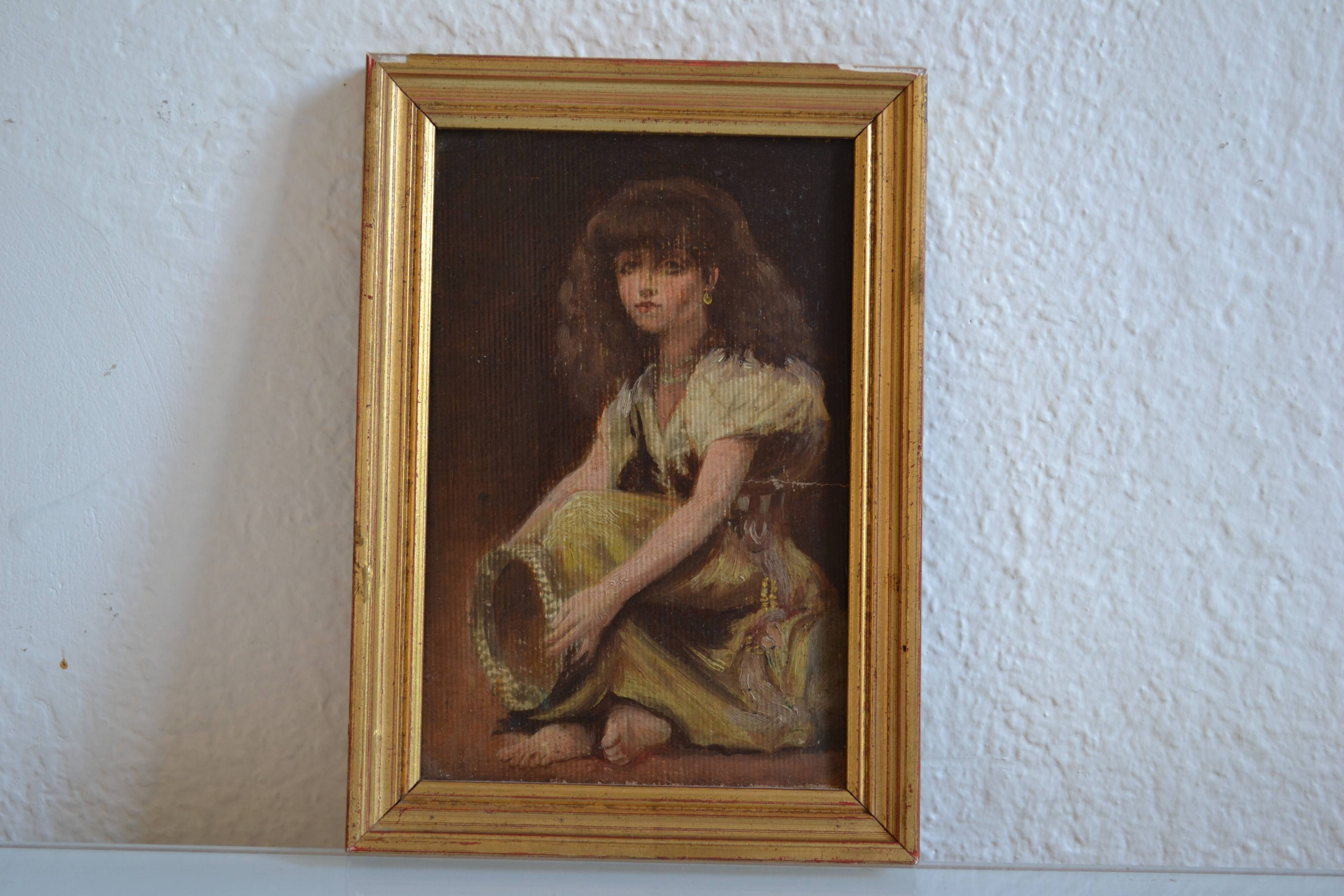 Young girl with tambourine Provence old painting HSP