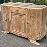 Buffet parisien art déco vintage rénové en bois massif et marbre gris 150cm