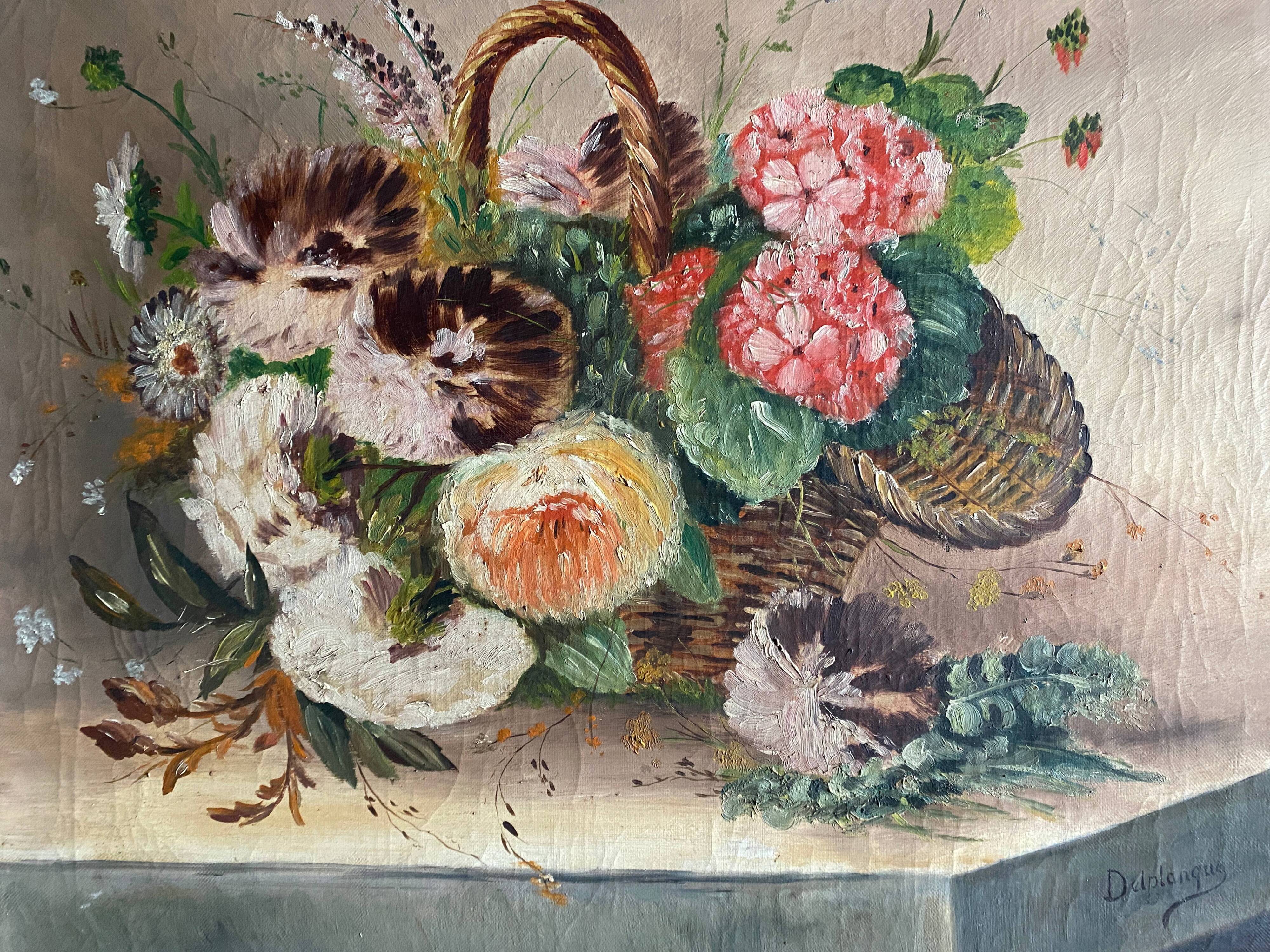 Tableau HST "Bouquet de fleurs des champs au panier" 1900 signé Delplanque