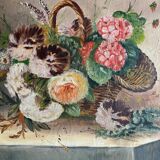HST painting "Bouquet of wild flowers in basket" 1900 signed Delplanque