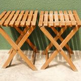 Pair of folding slatted wood stools
