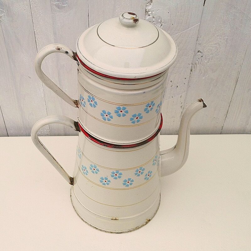 Cafetière émaillée blanche fleurs vintage
