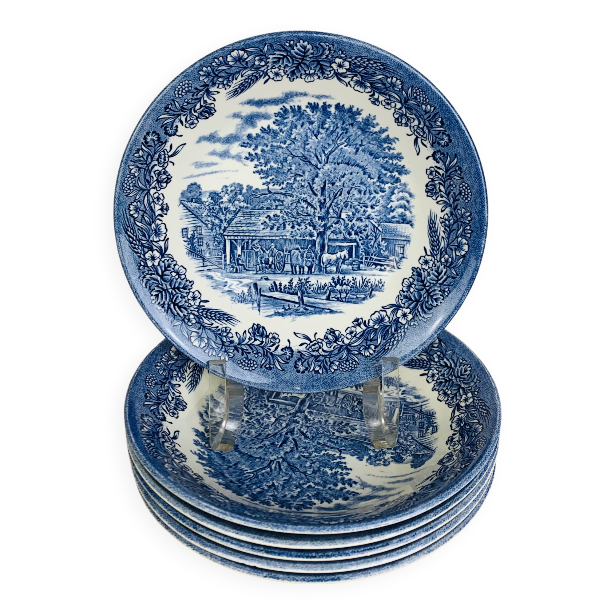 6 Churchill English ironstone soup plates, blue