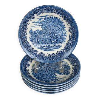 6 Churchill English ironstone soup plates, blue