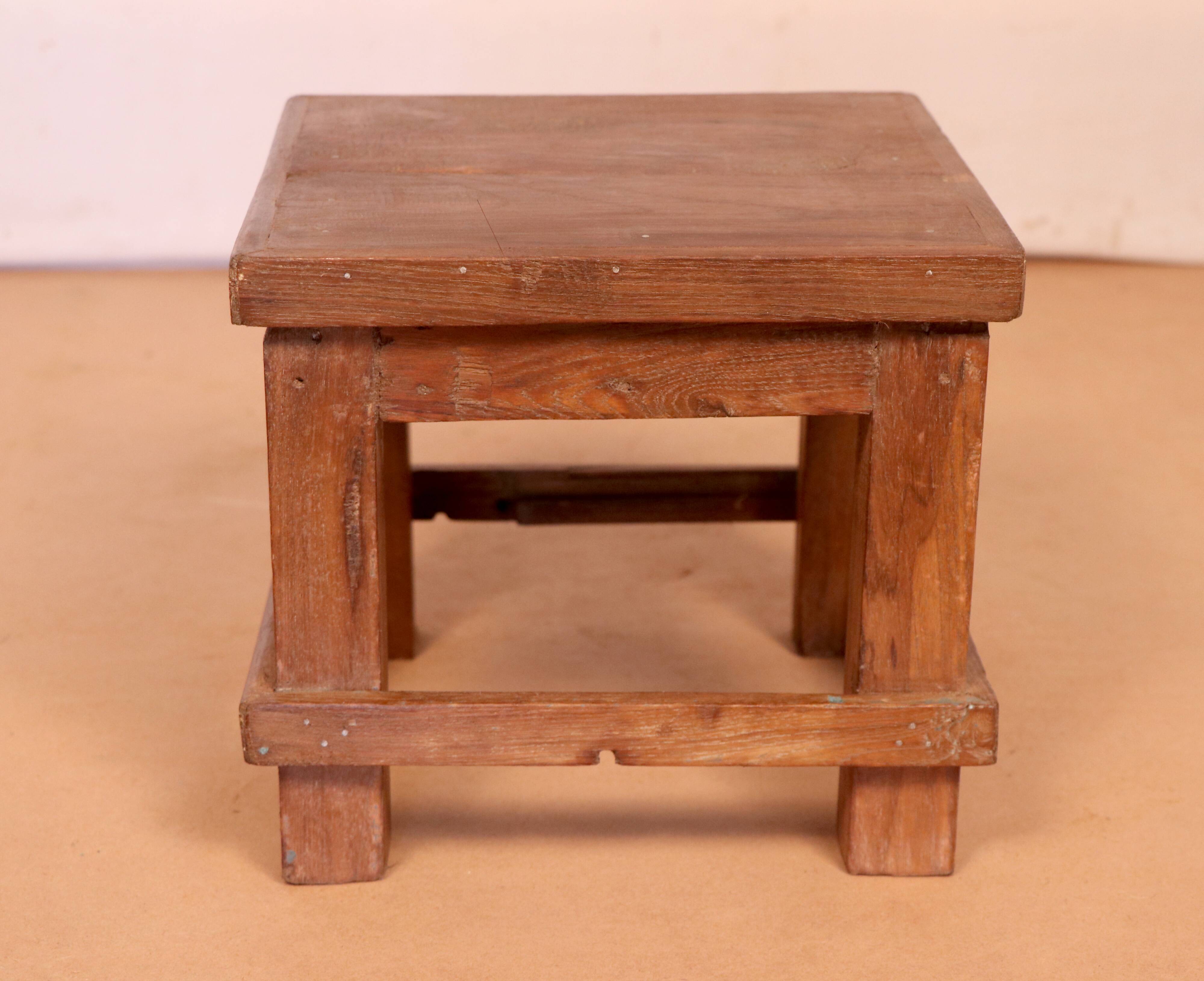 Old workshop bedside table in original blue patina Burmese teak