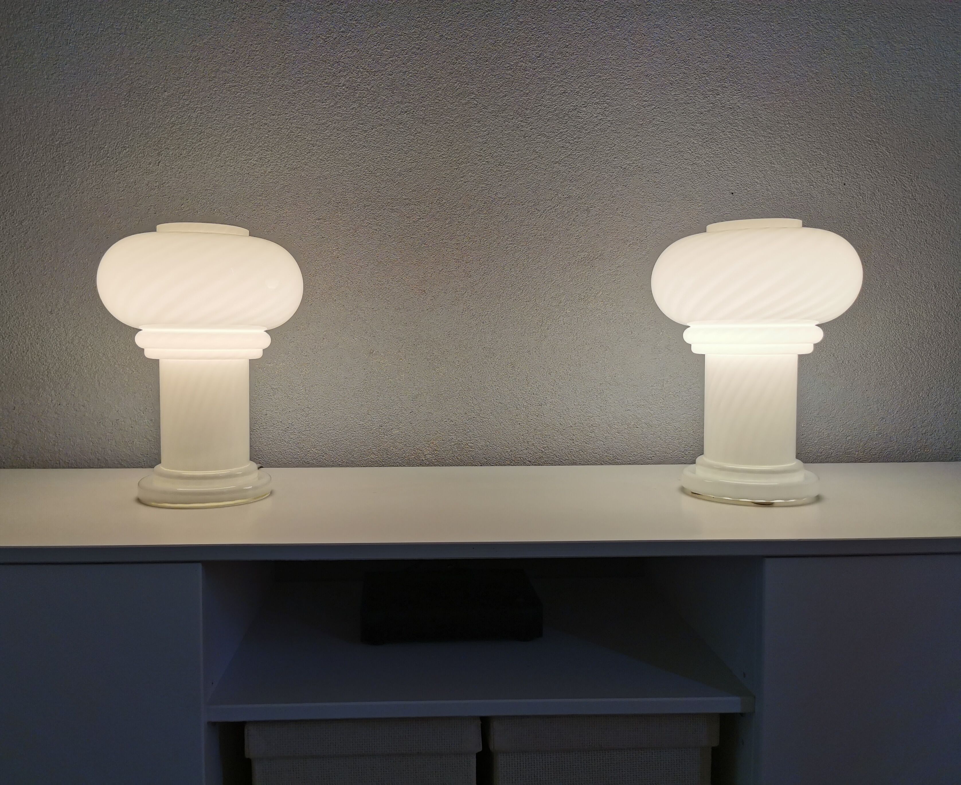 Set of 2 white glass mushroom table lamps, eighties