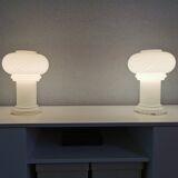 Paire de lampes champignon de verre blanc, 1980