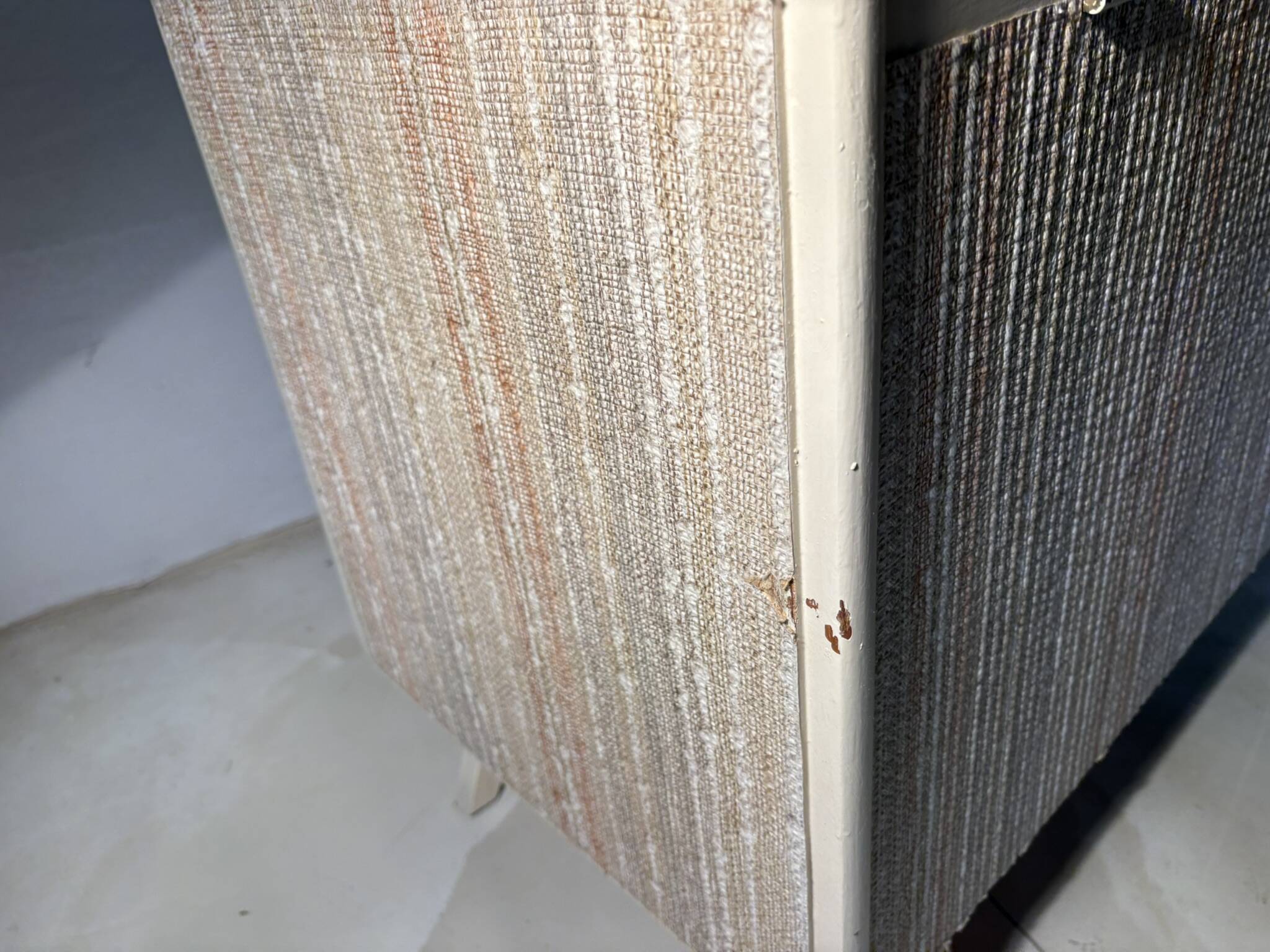 Vintage upholstered chest, white lacquered wooden structure, 1960s-70s