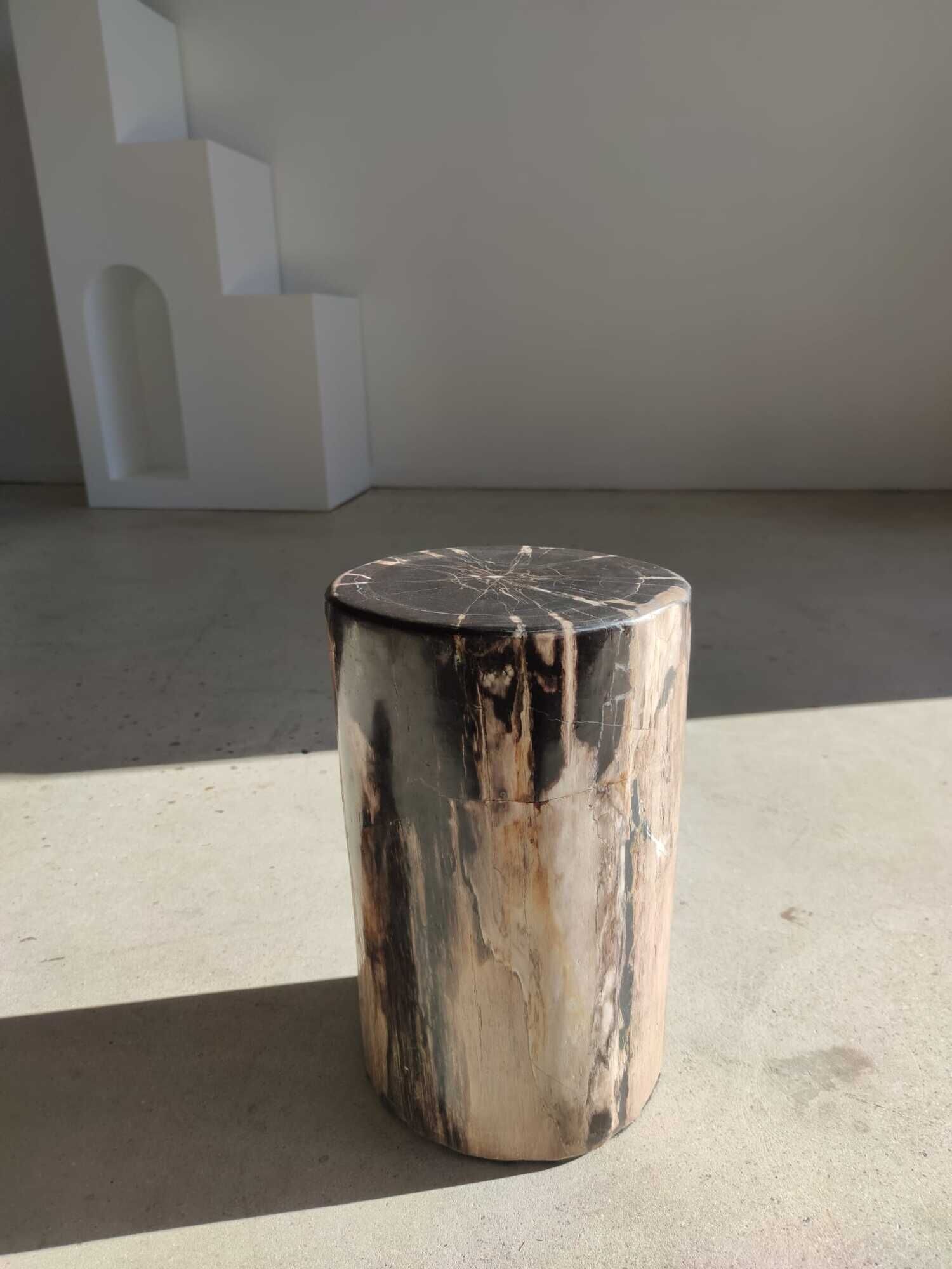 Table d'appoint en bois pétrifié noir et blanc - H:40,5cm D:25cm