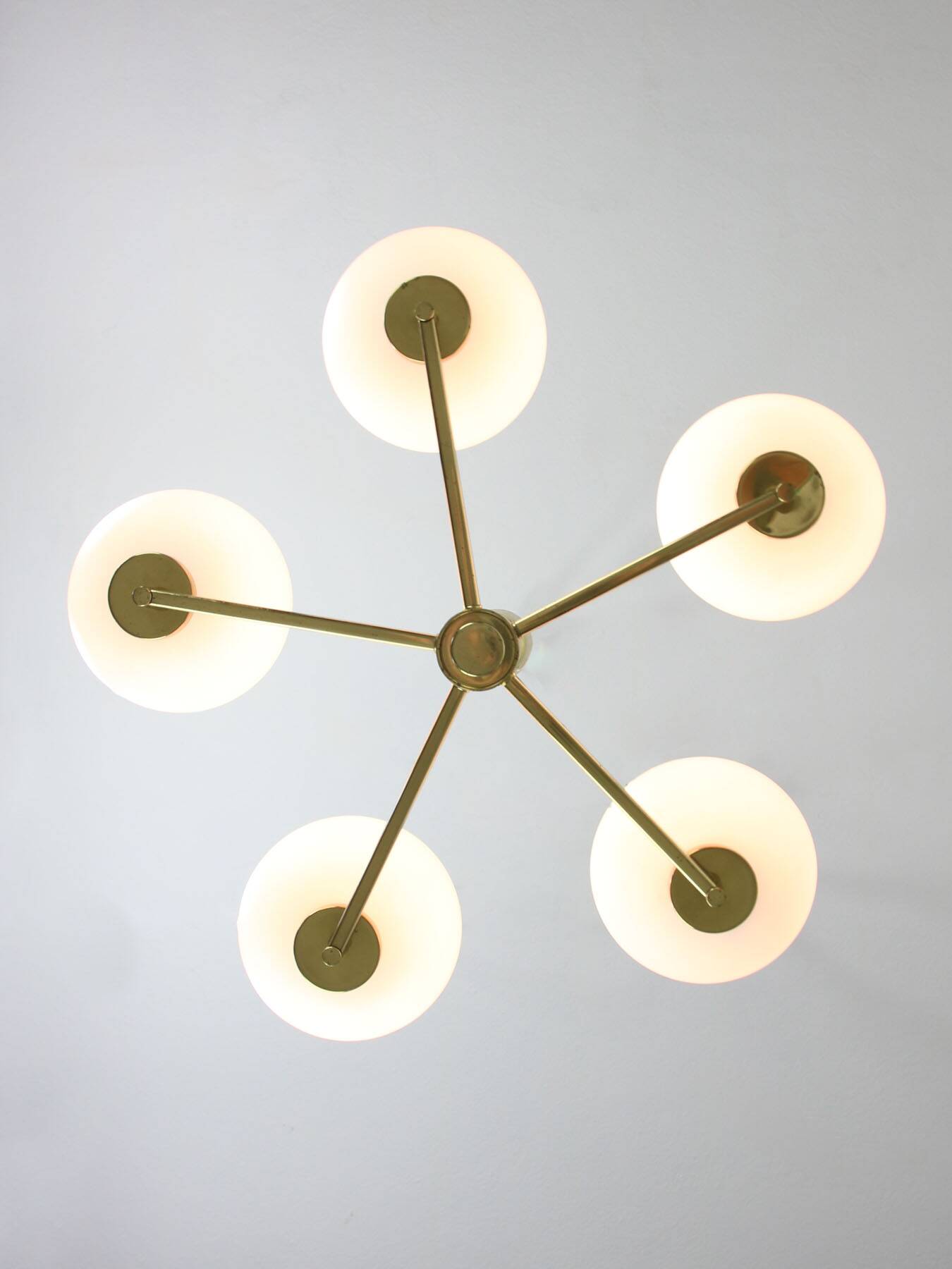 Mid-century Modern Italian Brass and Opaline Chandelier, 1960s