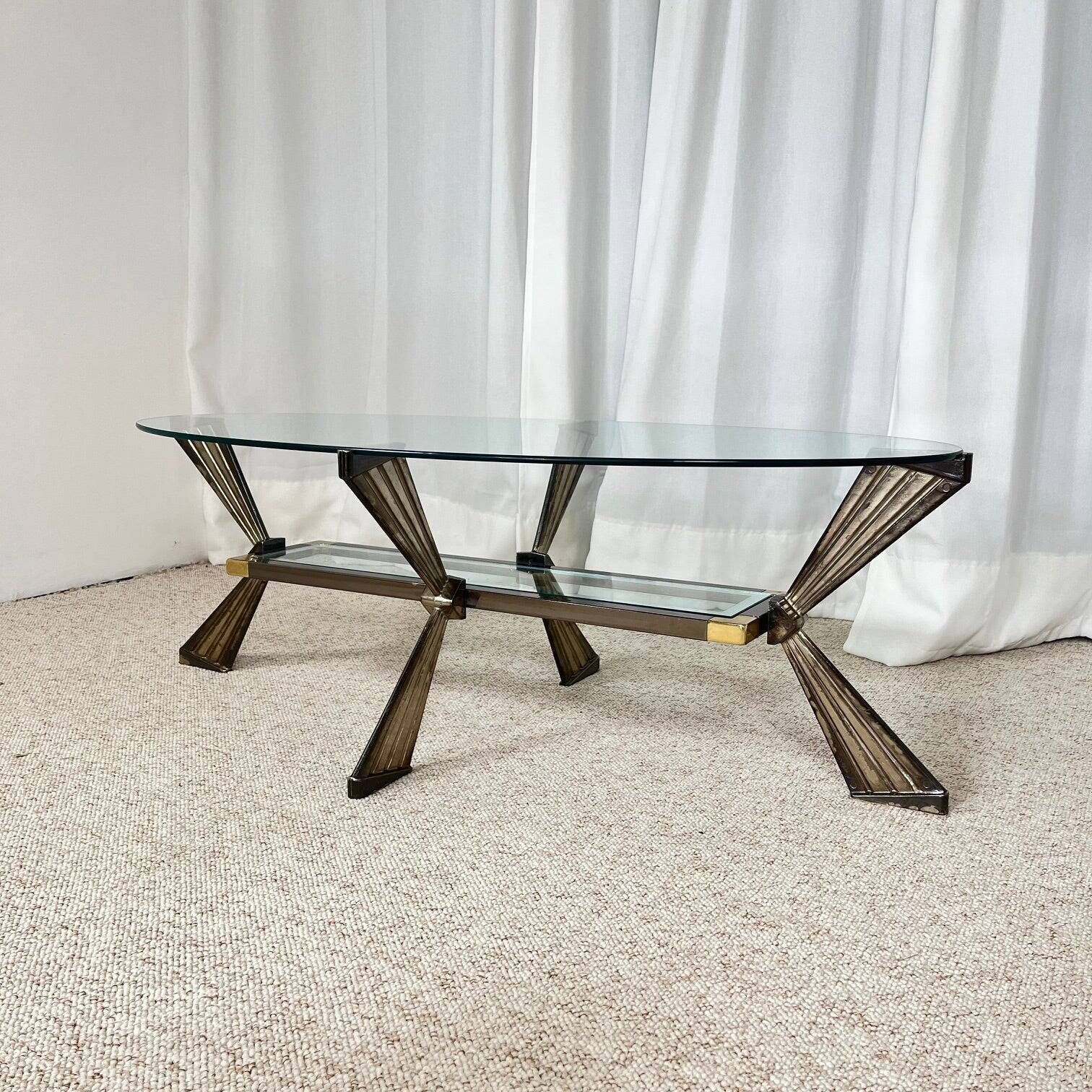 Vintage Italian coffee table in glass, chrome and brass metal, Hollywood Regency style, 1970s.