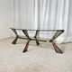 Vintage Italian coffee table in glass, chrome and brass metal, Hollywood Regency style, 1970s.