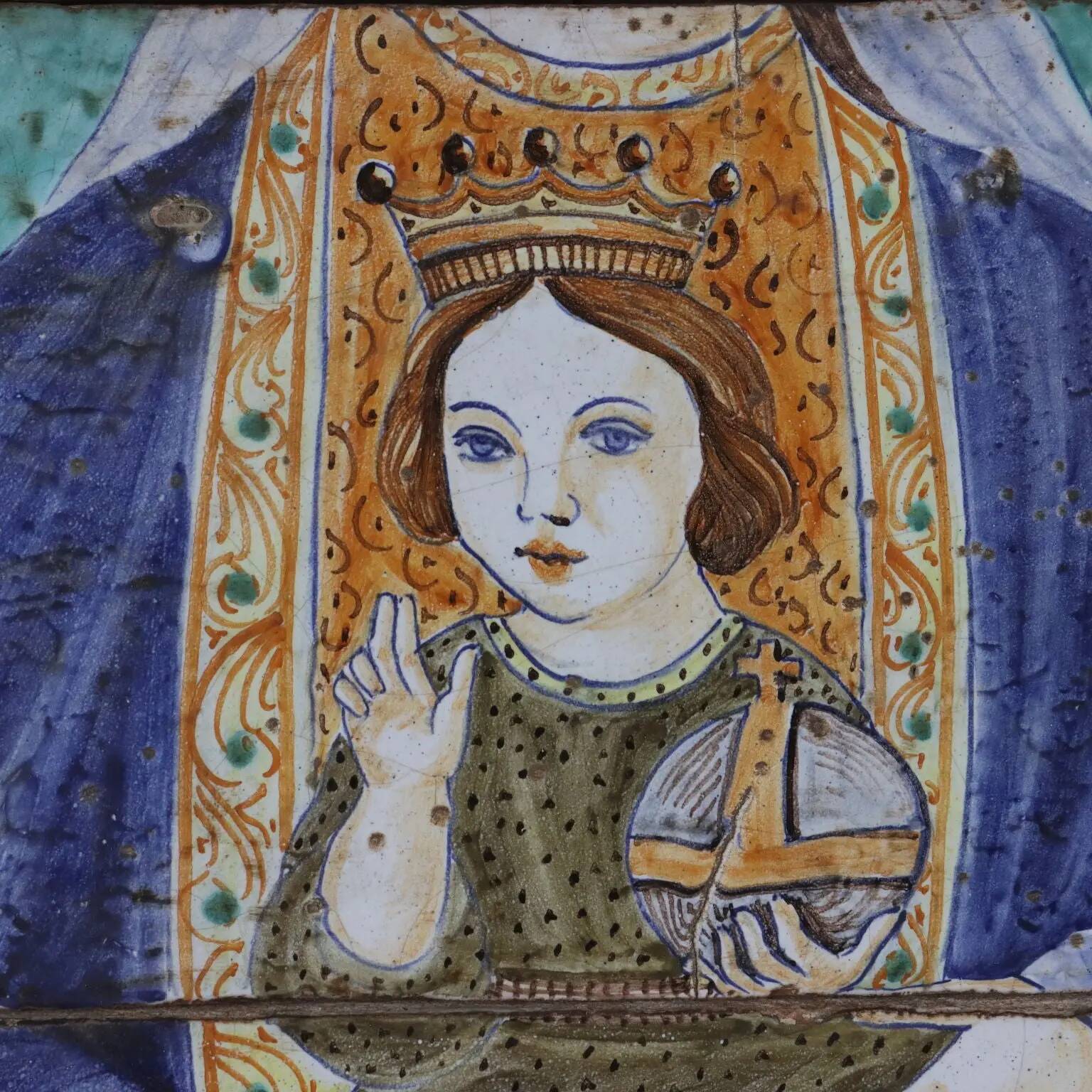 Ancient majolica painting on wood, religious subject, Italy 20th century.